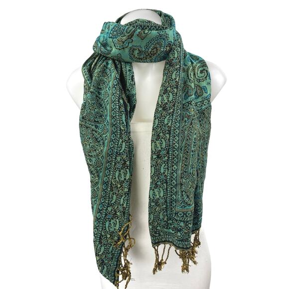 Original Cashmere 100% Cashmere Green Paisley Fringe Knit Shawl Wrap Scarf OS - Picture 1 of 3